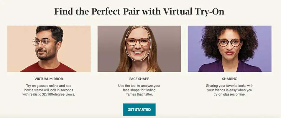Zennioptical Picture of three people showcasing the virtual mirror, face shape and sharing functions of Zennioptical