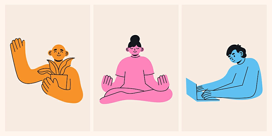 Ilustração de 3 pessoas fazendo atividades, uma cuidando de plantas outra meditando e uma usando notebook