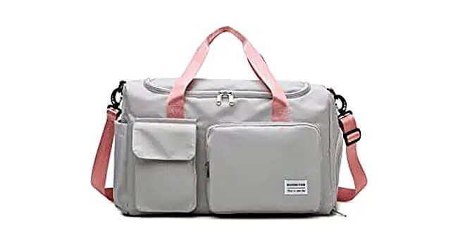 foto da mala de viagem feminina na cor cinza com alças rosas da Horoshop