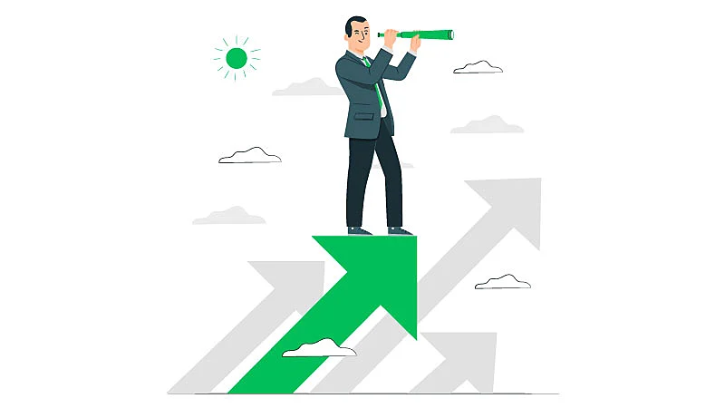 Imagen vectorial de una persona que busca estrategias de marketing empresarial encima de una flecha