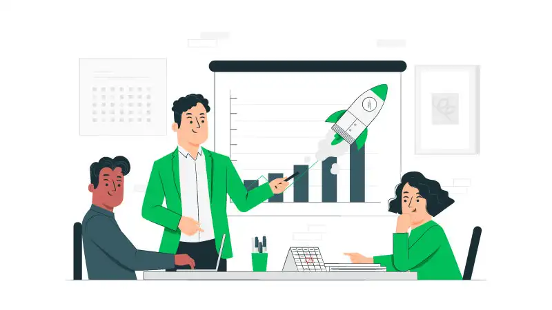 Imagen vectorial de tres personas reunidas para discutir marketing empresarial