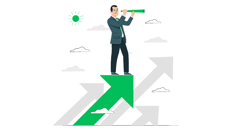 Imagem vetorizada de uma pessoa procurando por estratégias de Marketing comercial em cima de uma seta