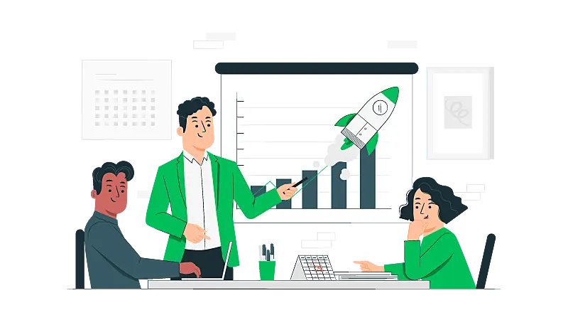 Imagem vetorizada de três pessoas se reunindo para discutir sobre Marketing comercial