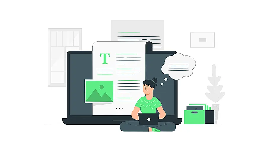 Ilustración de una persona al lado de un ordenador e íconos de textos e imágenes