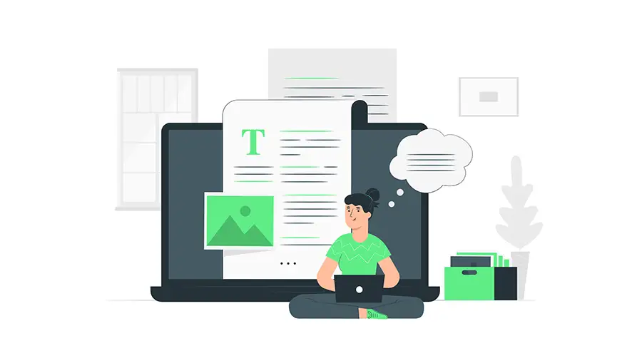 Marketing de contenidos para ecommerce Ilustración de una persona al lado de un ordenador e íconos de textos e imágenes