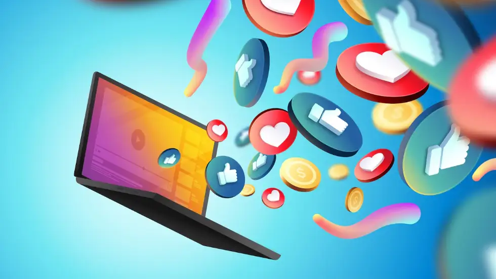 Marketing de contenidos para ecommerce Ilustración 3D de un ordenador con íconos de redes sociales