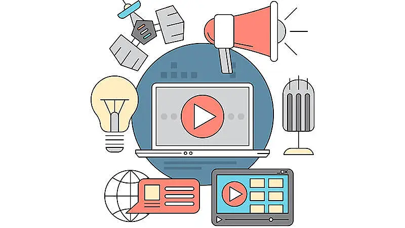 Arte com vários ícones de mídias e uma mão apertando play