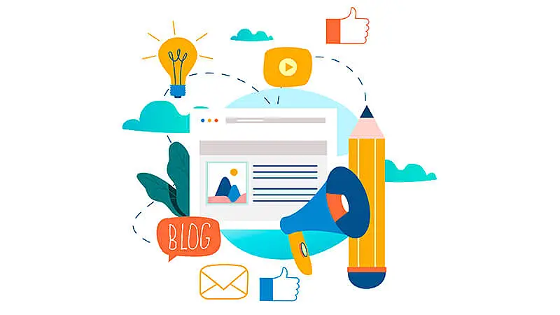 Arte com um notebook e vários ícones em volta