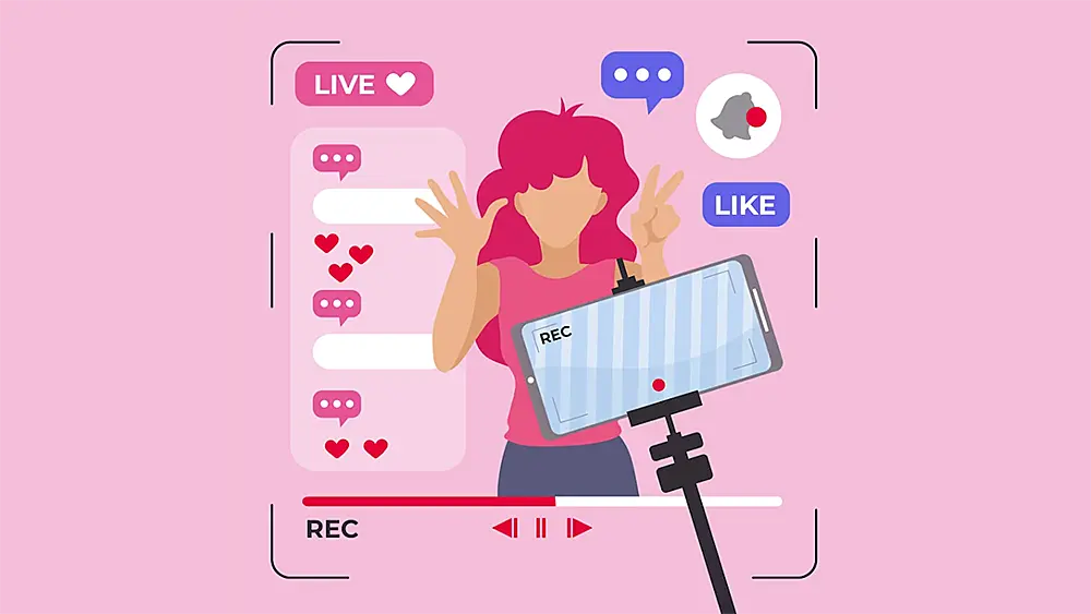 Ilustración de una influencer digital grabando una live