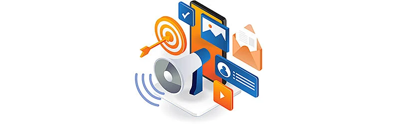 Símbolos que representan el Marketing Digital, como correo electrónico, envío de mensajes y blog post