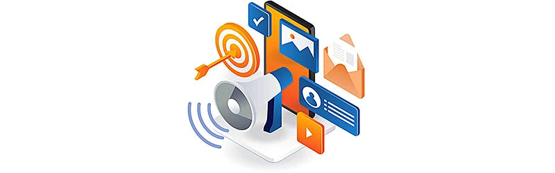 Símbolos que representan el Marketing Digital, como correo electrónico, envío de mensajes y blog post