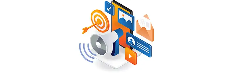 Símbolos que representan el Marketing Digital, como correo electrónico, envío de mensajes y blog post