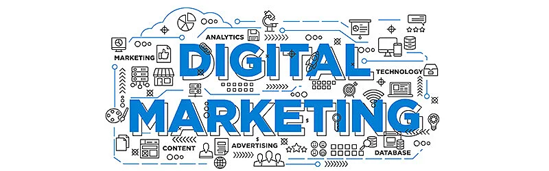 la palabra marketing digital rodeada de símbolos que la representan