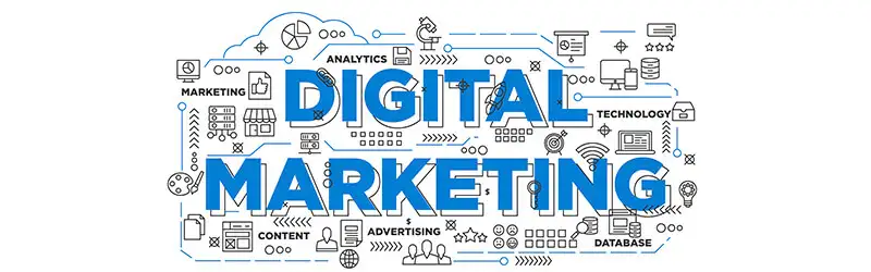 la palabra marketing digital rodeada de símbolos que la representan