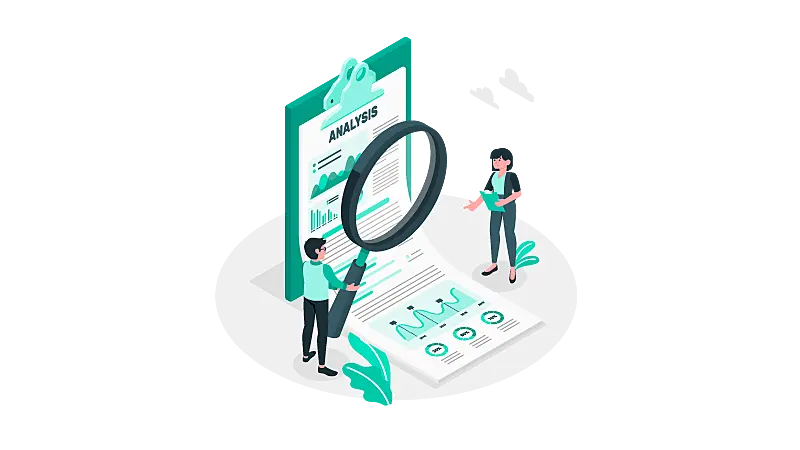 Imagem vetorizada de duas pessoas analisando um relatório de dados.