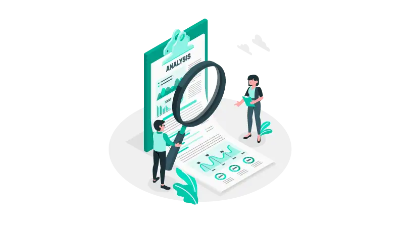 Imagem vetorizada de duas pessoas analisando um relatório de dados.