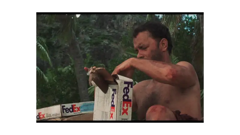 Cena final do filme Náufrago onde o personagem abre uma encomenda da FedEx.