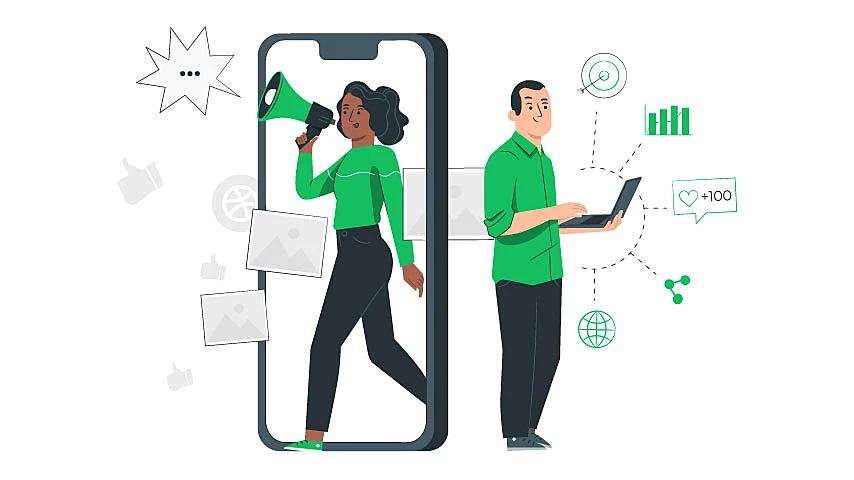 Imagen vectorial de dos personas, una mujer con un megáfono y un hombre con un cuaderno analizando resultados