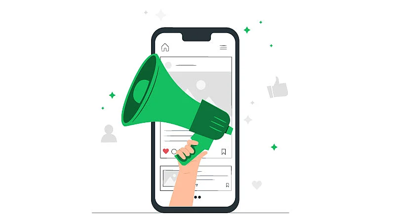 Imagen vectorial de una mano sosteniendo un megáfono con un celular detrás