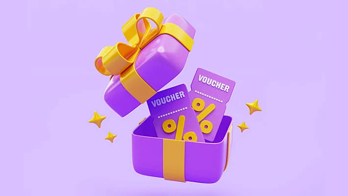 ilustración 3d de un regalo con cupones de descuento