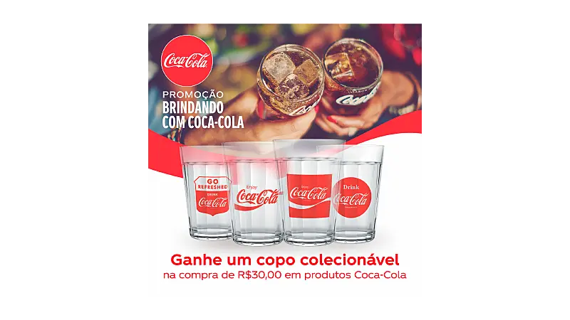 Imagem de um banner de uma promoção da Coca-Cola ganhe copo nas compras acima de R$ 30,00.