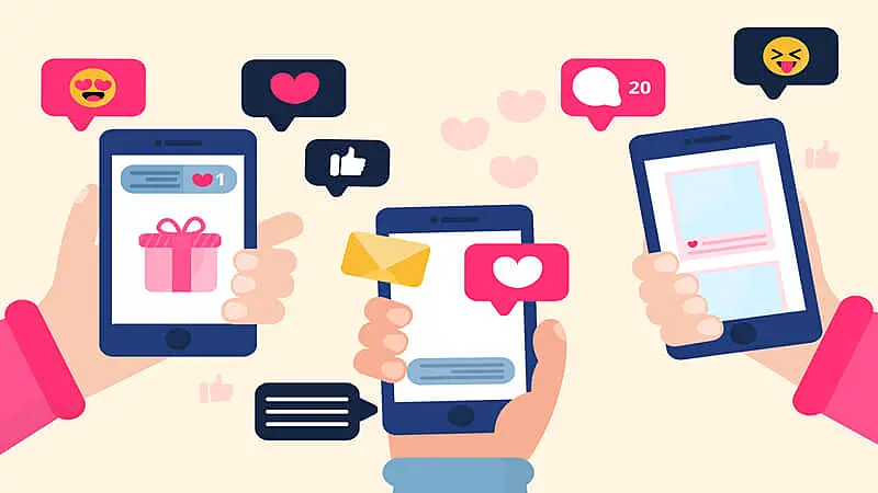 Ilustração de 3 mãos onde cada um deles segura um celular e vários ícones de internet