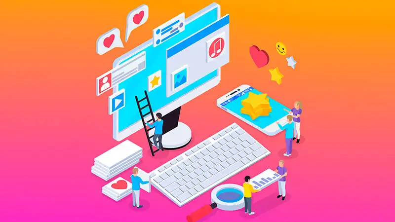 Media Kit Ilustração de uma mulher com notebook aberto e vendo métricas em redes sociais