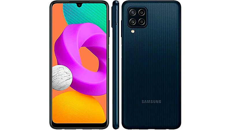 imagem que mostra um celular Samsung Galaxy M22 de frente, de lado e de costas