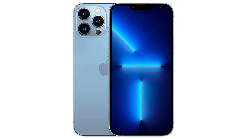 imagem de um celular iPhone 13 Pro Max de frente e de costas na cor Azul Sierra