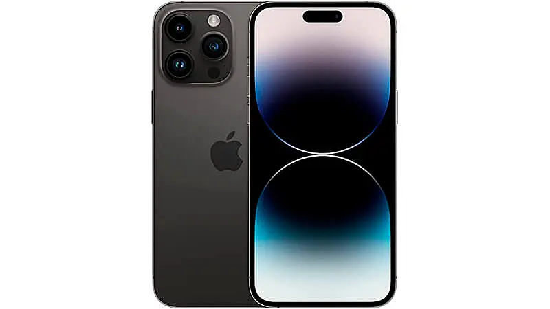 imagem de um celular iPhone 14 Pro Max de frente e de costas na cor preta