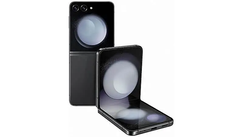 imagem que mostra um Galaxy Z Flip 5 de costas e de frente com a tela dobrada ao meio