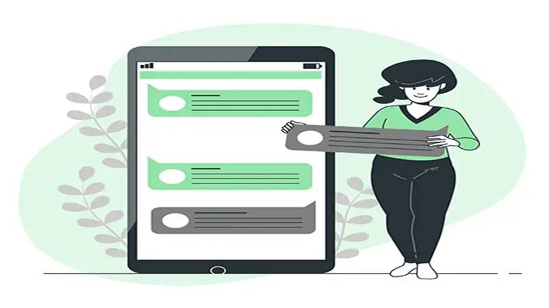 imagem com um celular gigante e uma mulher segurando uma mensagem