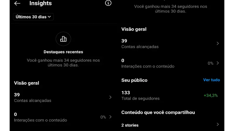 Print da tela de um celular no aplicativo do Instagram mostrando  a ferramenta Insights 