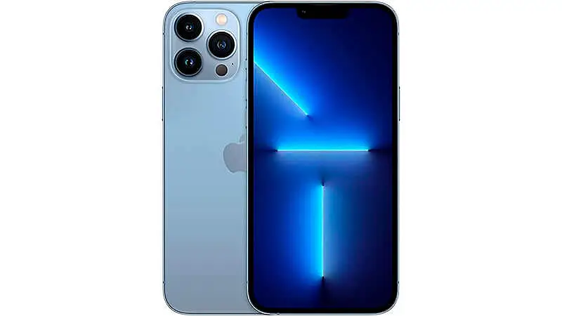 imagem que mostra a parte da frente e de trás de um iPhone 13 Pro Max na cor azul