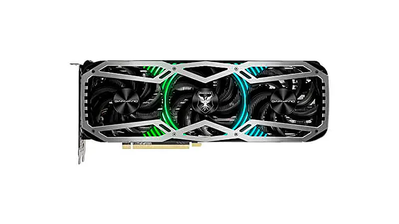 imagem de uma placa de vídeo RTX 3070 da Phoenix com três ventoinhas e iluminação RGB