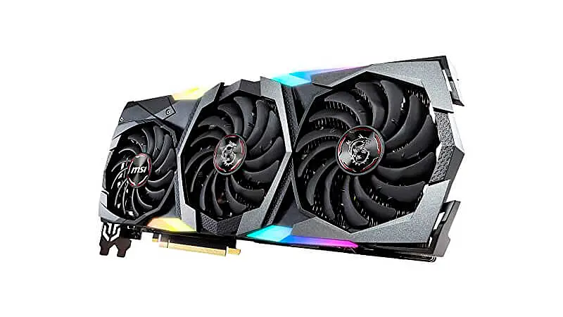 imagem de uma placa de vídeo RTX 2080TI da MSI com três ventoinhas e iluminação RGB