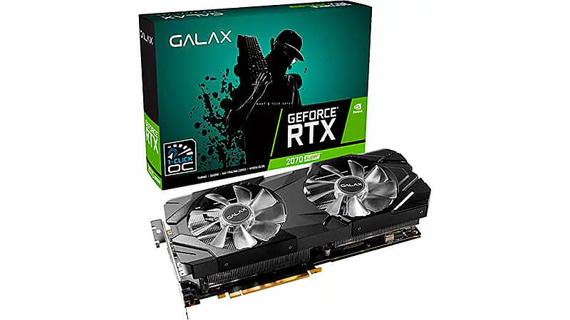 imagem de uma placa de vídeo RTX 2070 da Galax com duas ventoinhas e iluminação RGB