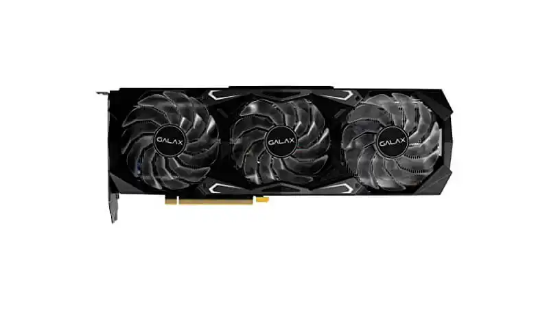 imagem de uma placa de vídeo RTX 3090 da Galax com três ventoinhas e iluminação RGB