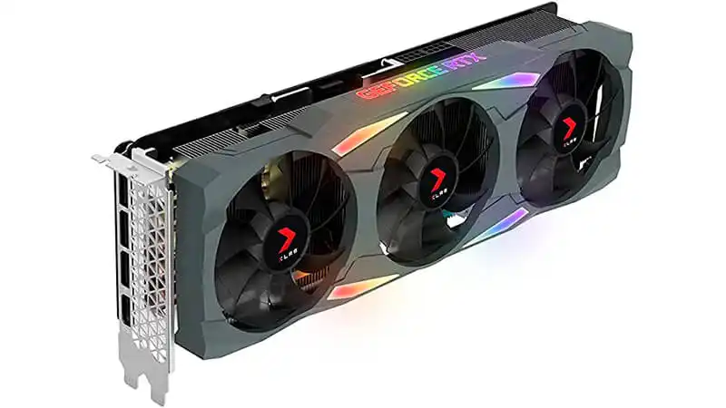 imagem de uma placa de vídeo RTX 3090 da PNY com três ventoinhas e iluminação RGB