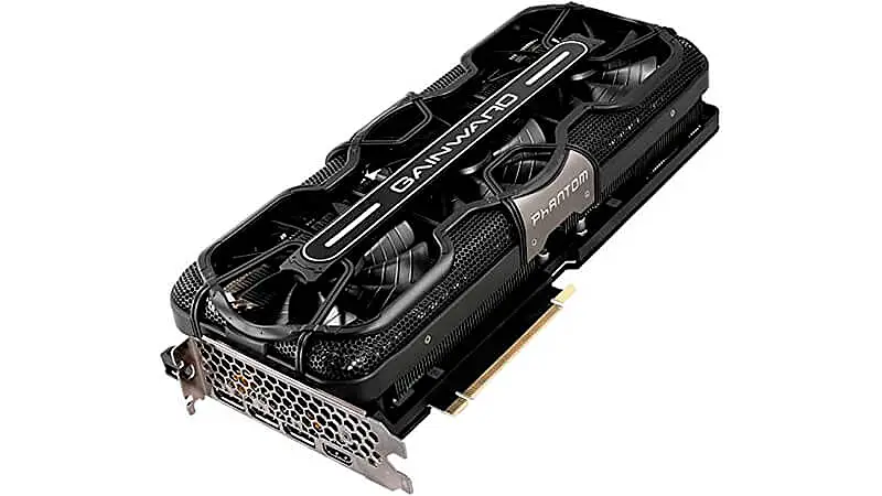 imagem de uma placa de vídeo RTX 3070 da Phantom com três ventoinhas e iluminação RGB