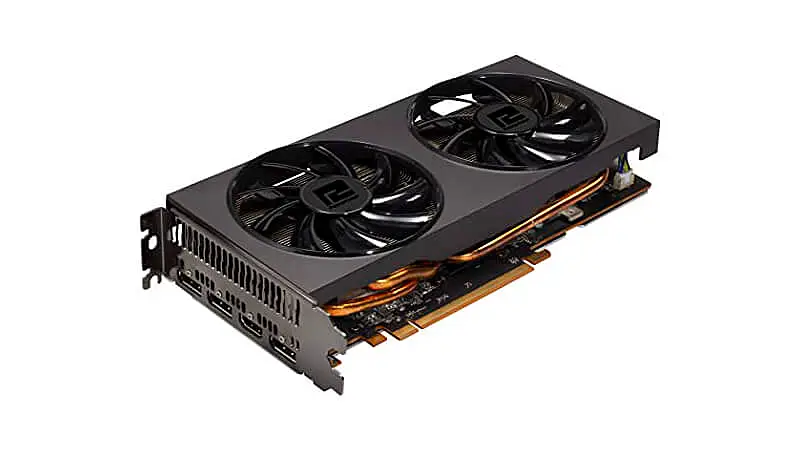 imagem de uma placa de vídeo RX5700XT da PowerColor com duas ventoinhas