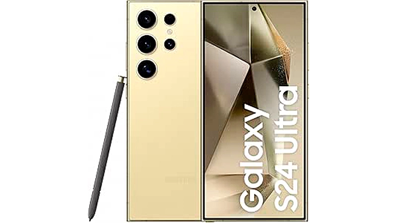 foto que mostra a parte da frente e de trás de um S24 Ultra