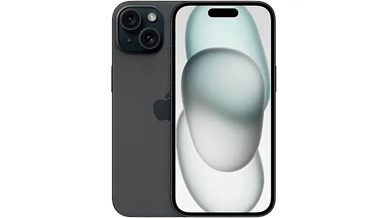 foto que mostra a parte da frente e de trás de um iPhone 15 grafite