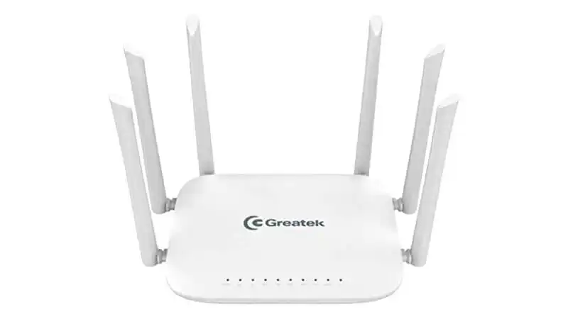 imagem de um roteador MGreatek na cor branca com seis antenas