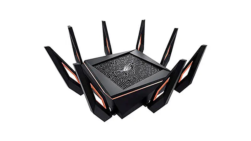 imagem de um roteador Asus ROG Rapture na cor preta com oito antenas