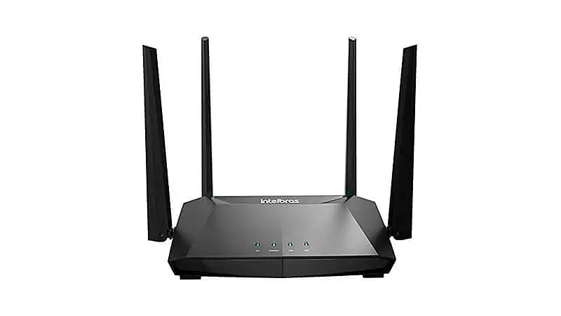 imagem de um roteador Intelbras Action RG na cor preta com quatro antenas