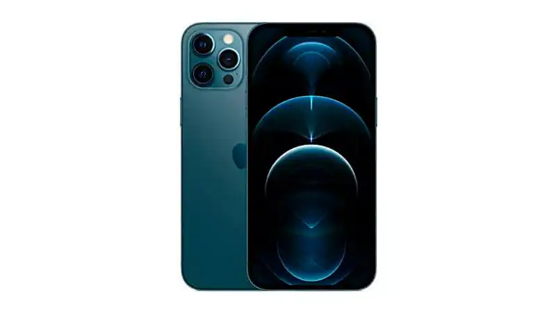 imagem de um iPhone 12 Pro Max de frente e de costas na cor azul