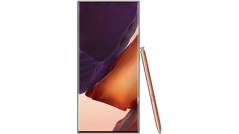 imagem de um Samsung Note 20 Ultra na cor dourada ao lado de uma S-Pen