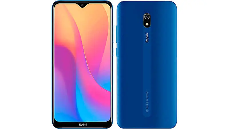 imagem de um celular XIaomi Redmi 8A na cor azul de frente e de costas 