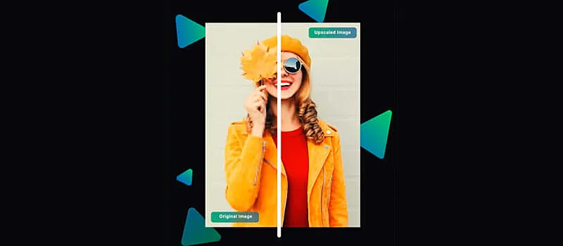 captura de tela mostrando quanto o upscalemedia é capaz melhorar qualidade de imagem. No teste é utilizado uma imagem de uma mulher segurando uma folha,  A metade original está borrada e a metade melhorada está nítida.